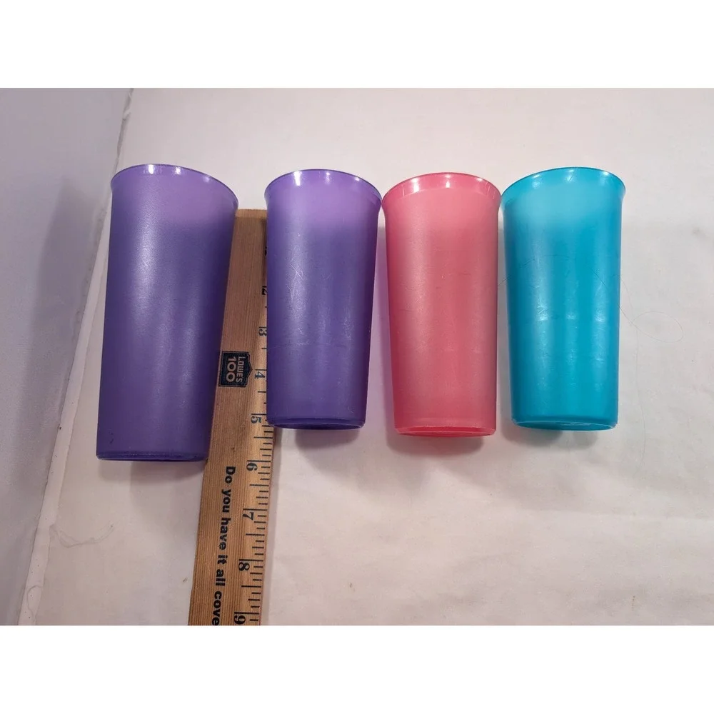 Tupperware Tumblers Set of 4 Jewel Tones Purple Pink Teal 116-18 Made in USA 6in